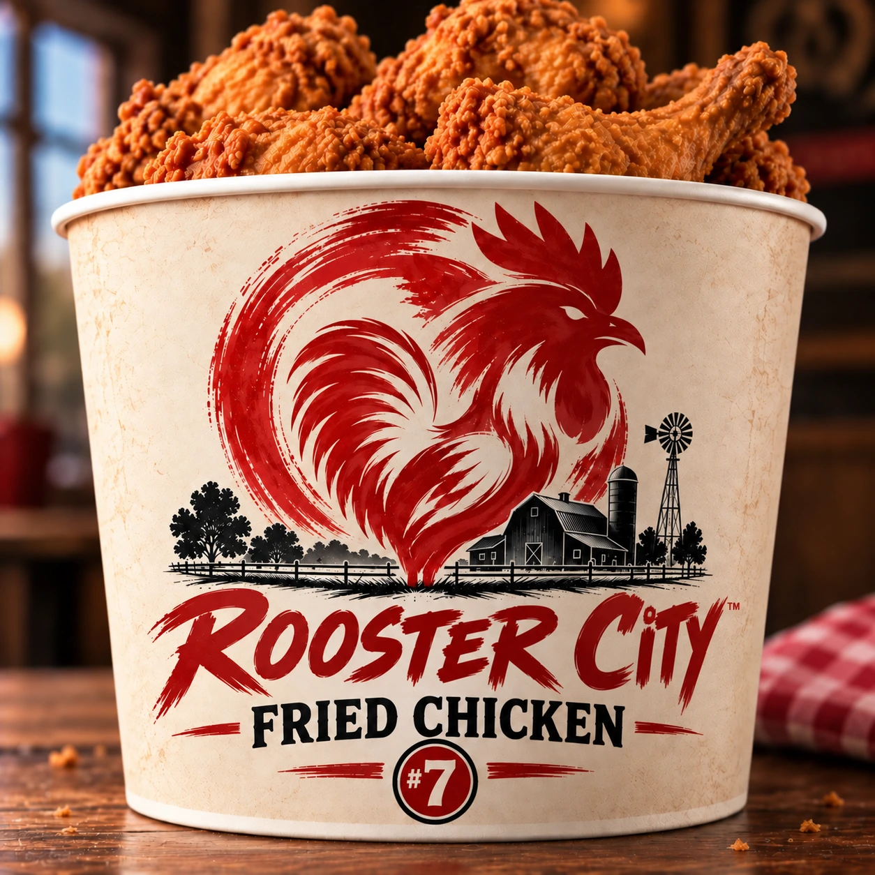 Golden fried chicken in the cream and red Rooster City bucket