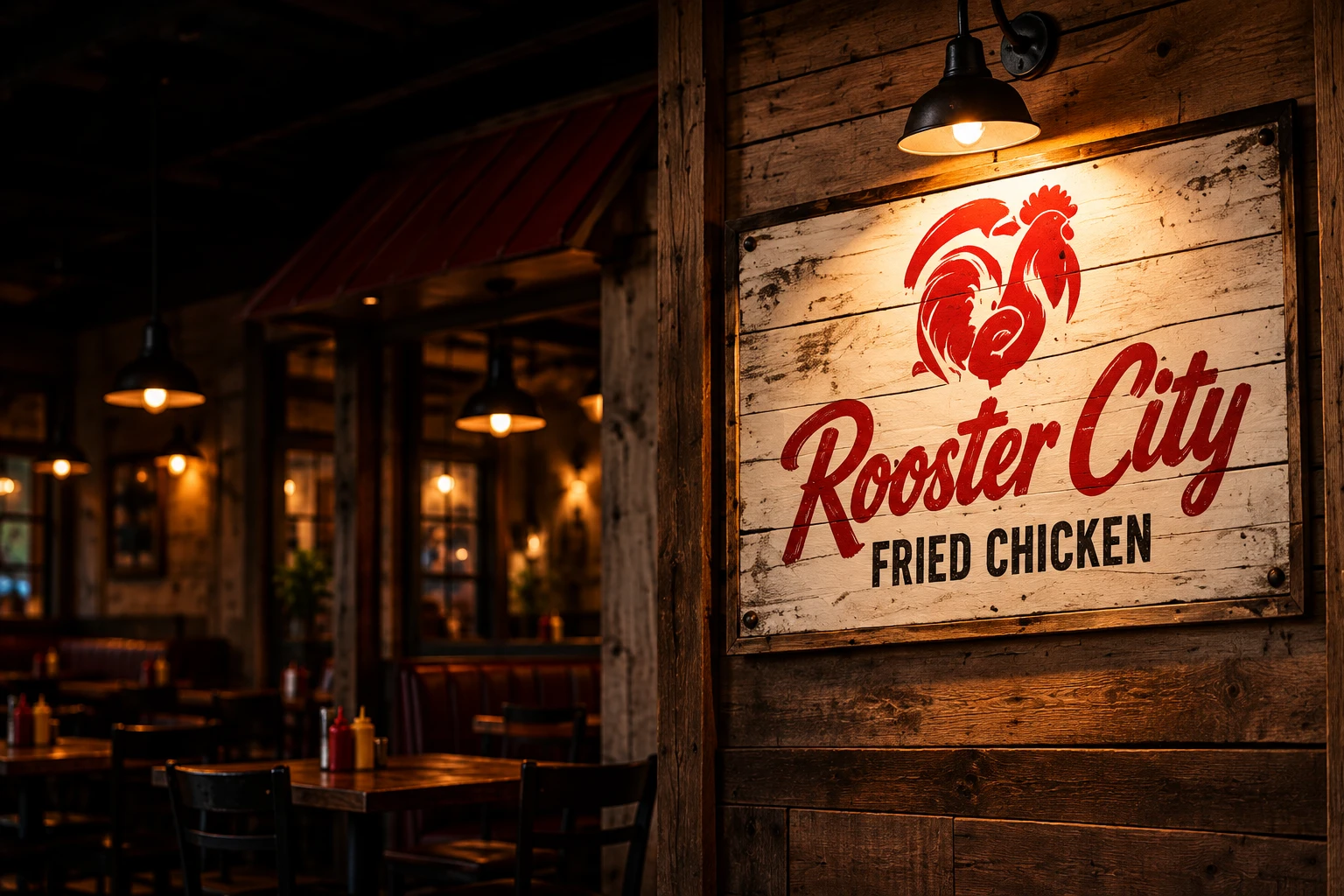 Warmly lit Rooster City sign on a rustic timber wall