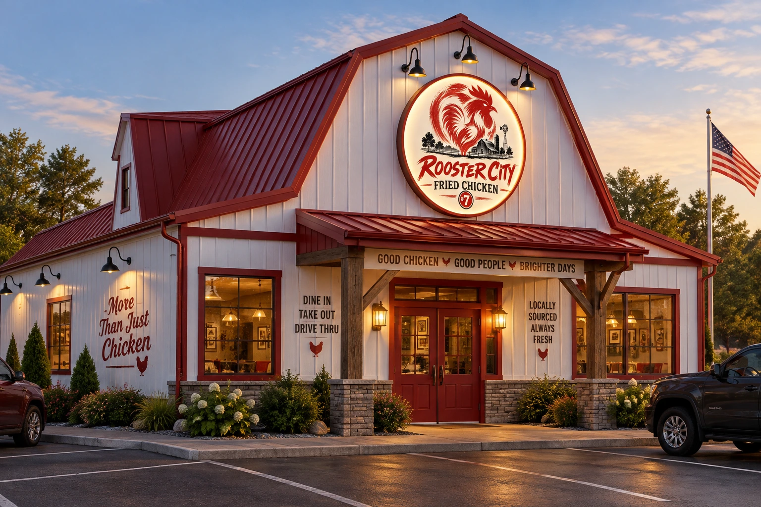 Rooster City’s white barn-style restaurant with a red roof and illuminated rooster sign at dusk